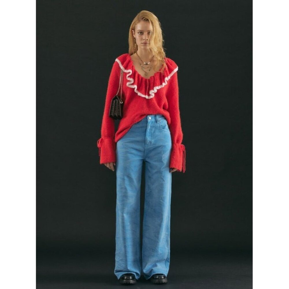 Andersson Bell Red Fabiana Ruffle Deep V-Neck Knit Sweater, Size M